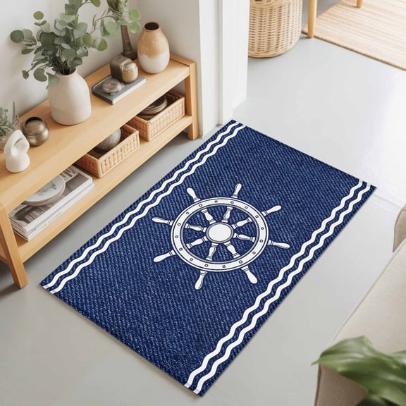 Summer Marine Nautical Rudder Denim Rectangle Area Rug 2x3ft,Living Room Rug Non-Slip Washable Circle Rugs Pad,Ocean Theme Helm Navy Blue Soft Floor Carpet for Bedroom Dining Room