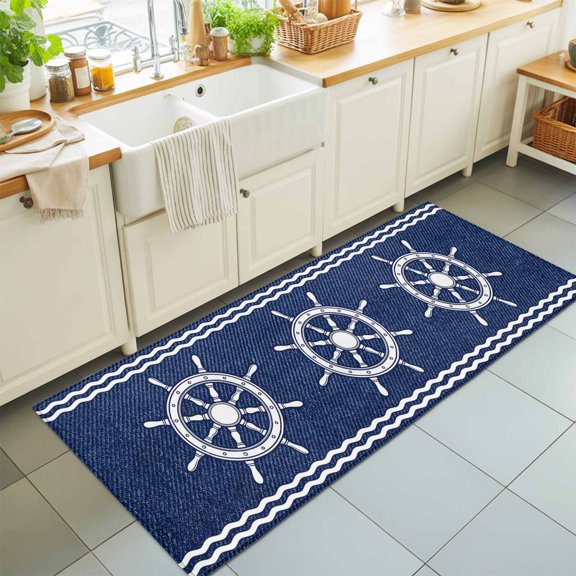 Summer Marine Nautical Rudder Denim Rectangle Area Rug 2x6ft,Living Room Rug Non-Slip Washable Circle Rugs Pad,Ocean Theme Helm Navy Blue Soft Floor Carpet for Bedroom Dining Room