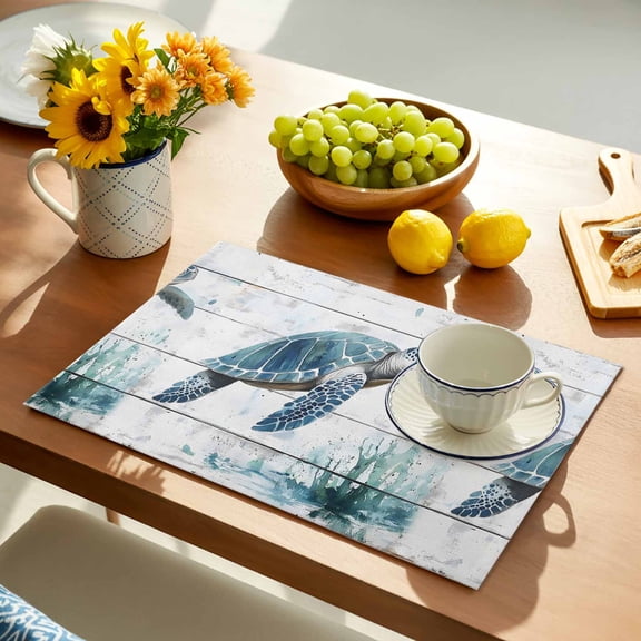 Summer Marine Placemats Set of 1, Blue Turtle Seagrass Plank Texture Non-Slip Place Mats Washable Table Mats for Kitchen Dining Table Decorations Indoor/Outdoor