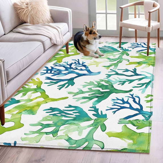 Summer Marine Plant Area Rugs 3x5 ft Water Blue Coral Tropical Sea Washable Rug Non Slip Indoor Carpet Absorbent Floor Mat for Living Room Bedroom Dining Room