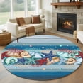 thumbnail image 1 of Summer Marine Round Living Room Rugs 8 ft, Life Beach Starfish Shell Coral Blue Wood Grain Washable Large Area Rug with Non-Slip Sturdy Edge Binding Round Carpet for Dining Room Kitchen Office, 1 of 9