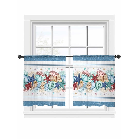 Summer Marine Sheer Curtains 54 Inch Long 2 Panels, Life Beach Starfish Shell Coral Blue Stripe Light Filtering Rod Pocket Curtains, Sheer Voile Drapes for Living Room Bedroom, 52"x54"