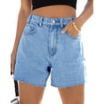 thumbnail image 1 of Summer Matched High Women's Shorts Straight Leg Raw Hem Retro Waist Denim Shorts with Pockets, 1 of 6