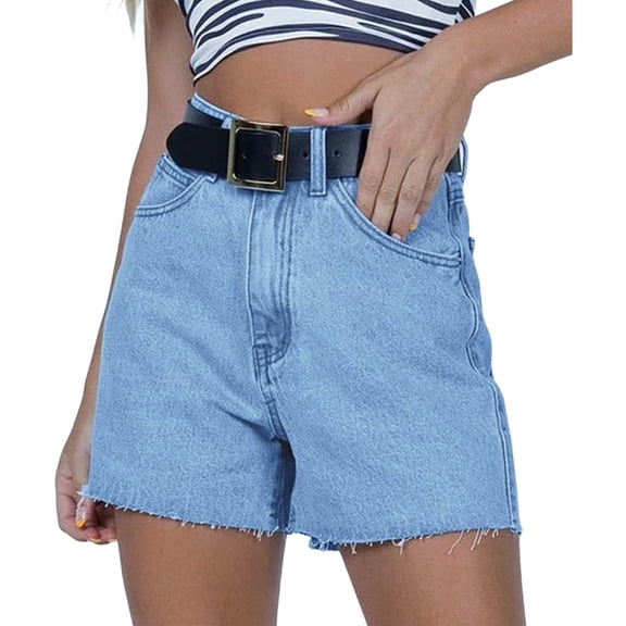 Summer Matched High Women's Shorts Straight Leg Raw Hem Retro Waist Denim Shorts with Pockets