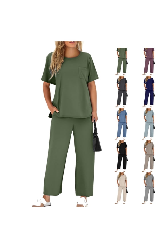 Summer Matching Sets For Women Plus Size Clothing Solid Sets Vacation Travel Outfits V Neck Green Spring/Summer Matching Outfits 2026 S-2XL