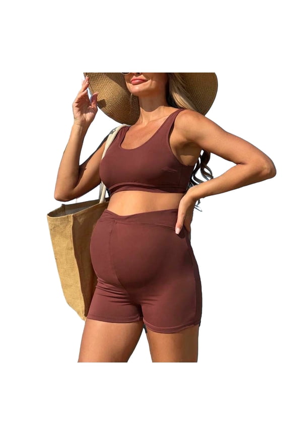 Summer Maternity Bikini Swimsuit for Women High Waisted Two-Piece Bathing Suit Crop Top Pregnancy Swimwear