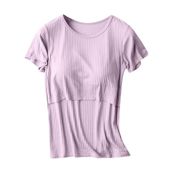 Summer Maternity T Shirts Women Solid Color Round Neck Short Sleeve Nursing Shirts for Breastfeeding Loungewear Plus Size Pregnant Clothes for Women