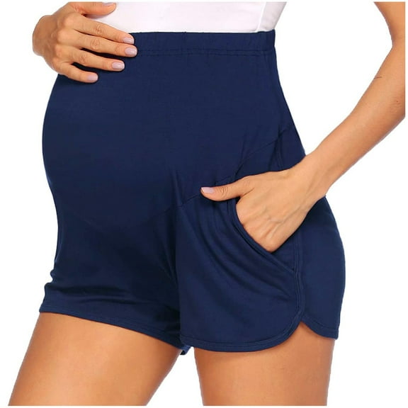 Summer Maternity Yoga Shorts for Women Blue Pregnancy Solid Color Workout Lounge Pants