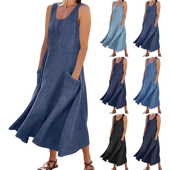 Summer Maxi Denim Dress for Women Sleeveless Crew Neck Jean Sundress Casual Loose Tank Dress with Pockets