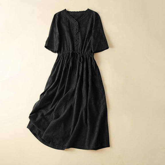 Summer Maxi Dress for Women Ladies Fashion Women Five Quarter Sleeve Dress V-Neck Dress Solid Dresses Pocket Button Black Xxl