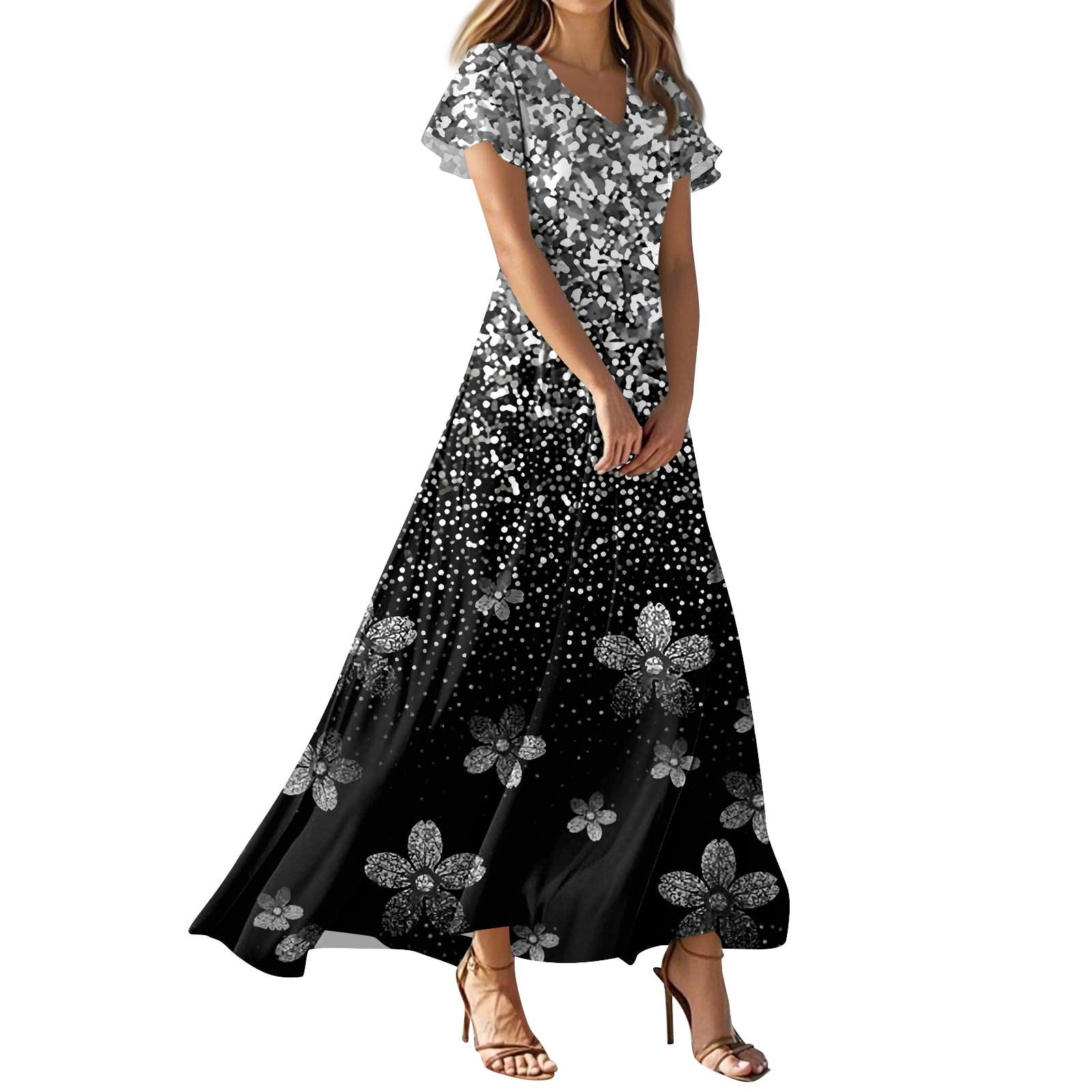 KUTUMAI Summer Maxi Dress For Women - V Neck, Short Sleeve, Bow Tie, Flowy Long Dress With Pockets, White