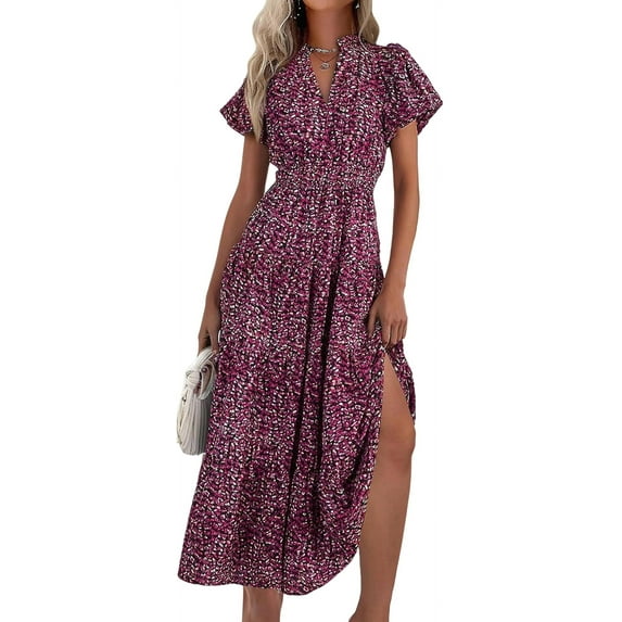 Summer Maxi Dresses for Women 2025 Casual V Neck Puff Short Sleeve Smocked Flowy Beach Boho Long Floral Dress Claret M