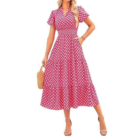 Summer Maxi Dresses for Women 2025 Casual V Neck Puff Short Sleeve Smocked Flowy Beach Boho Long Floral Dress Pink XXL