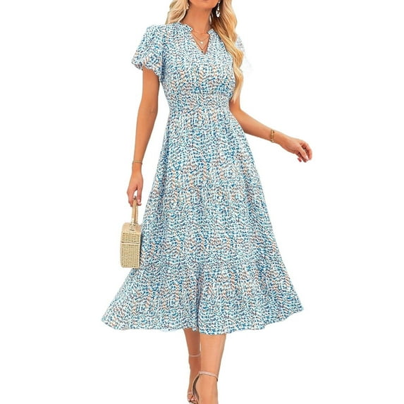 Summer Maxi Dresses for Women 2025 Casual V Neck Puff Short Sleeve Smocked Flowy Beach Boho Long Floral Dress White L