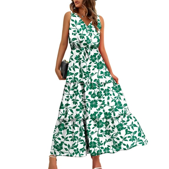 Summer Maxi Dresses for Women 2025 Casual V Neck Sleeveless Floral Long Dress Smocked Beach Wedding Guest Flowy Dresses