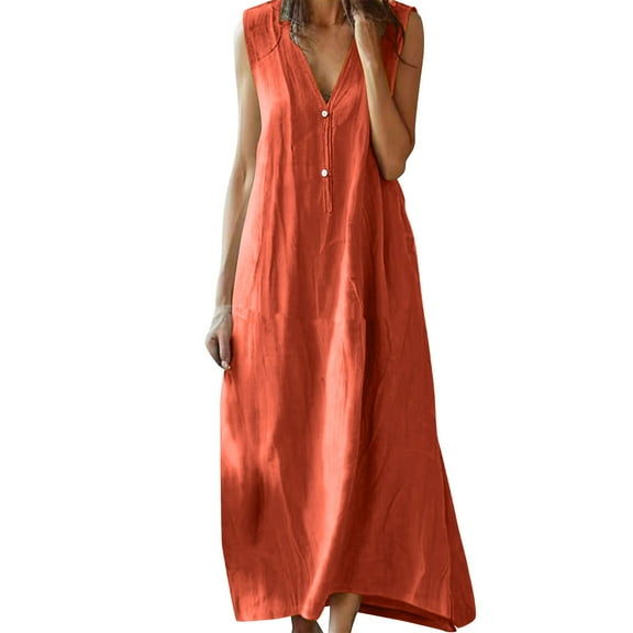 Summer Maxi Dresses for Women 2026 Solid Color V Neck Sleeveless Casual Dress Button Up Flowy Dress Beach Vacation Dresses