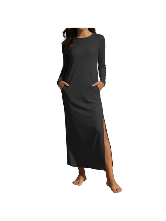 Summer Maxi Dresses for Women Long Sleeve Casual Split T-shirt Dress Beach Travel Vacation Sundress with Pockets