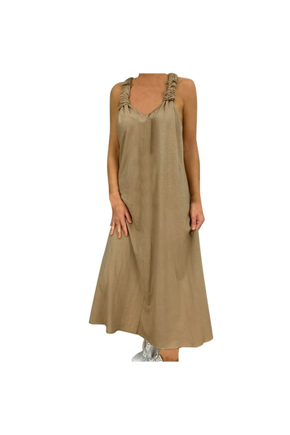 Summer Maxi Dresses for Women Solid Cotton Linen Baggy Sleeveless Dress Casual Loose Art Strap Oversized Long Dress