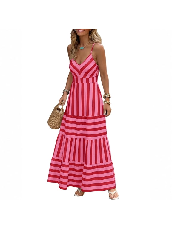 Summer Maxi Dresses for Women Spaghetti Strap Back Smocked A Line V Neck Dresses Casual Beach Vacation Long Dress, 2XL