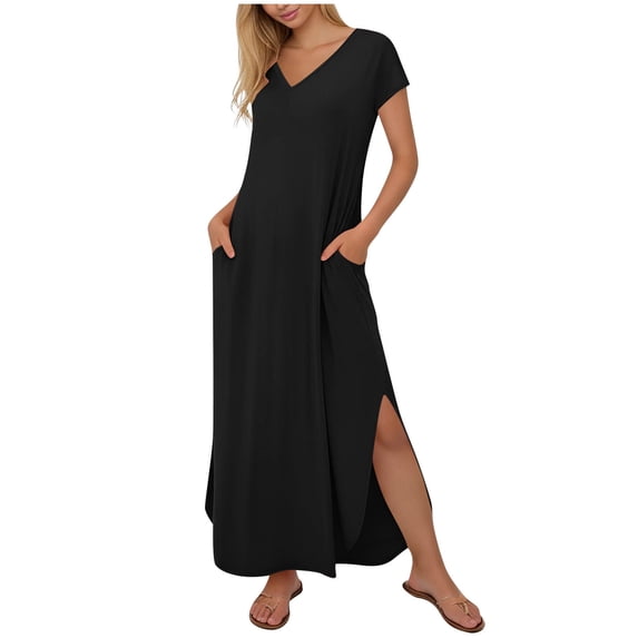 Summer Maxi Dresses for Women V Neck Cap Sleeve Long Sundress Casual Beach Vacation Split Dress with Pockets