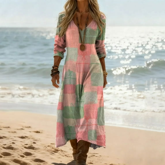 Summer Maxi Dresses for Women Vacation Spring Casual Long Sleeve Basic Long T Shirt Dress Multicolor D XXL