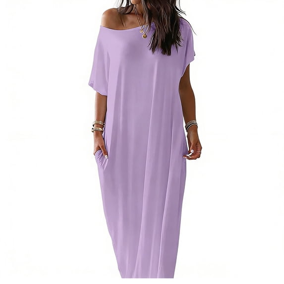 Summer Maxi Dresses for Womens 2026 Fashion Plus Sise Solid-Color Loose-Fitting Home Wear - Short-Sleeved Round-Neck Ankle-Length Dress