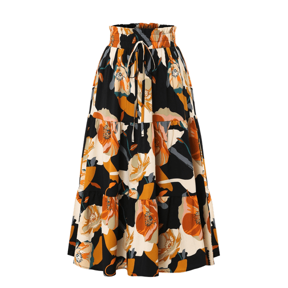 Summer Maxi Skirts for Women 2025 Plus Size Ankle Length Adjustable Drawstring High Waisted Skirts Bohemian Floral Elastic Pleated Tiered Smocked Loose Skirts Black Flower S