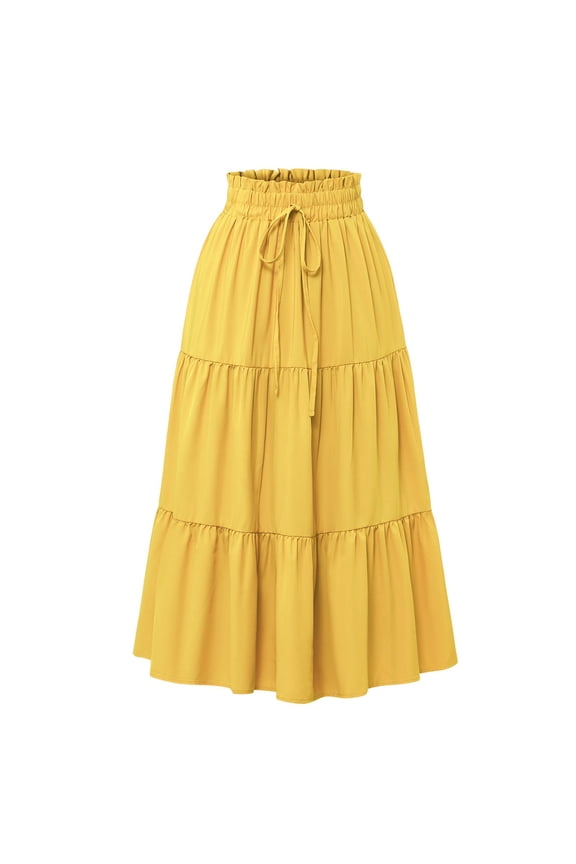 Summer Maxi Skirts for Women 2025 Plus Size Mid-Length Bohemian Pleated Ruffle Layered High Waisted Skirts Adjustable Floral Elastic Drawstring Wrap Skirts Fluorescence Yellow M