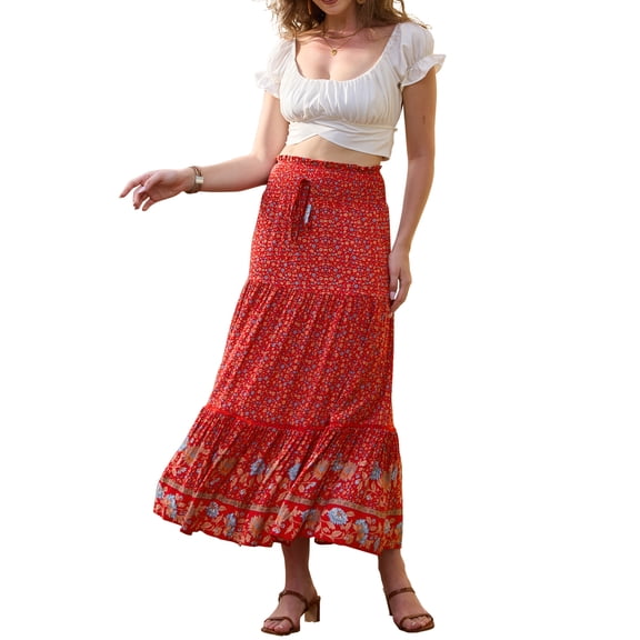 INSPIRE CHIC Summer Maxi Skirts for Women 2026 Bohemian Floral Print Elastic High Waist A Line Beach Skirt S Red