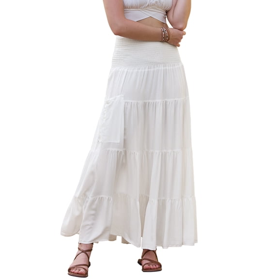 Summer Maxi Skirts for Women 2026 Elastic High Waist Swing A Line Beach Skirt with Pockets M White