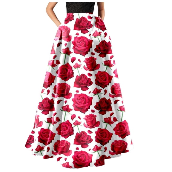 Summer Maxi Skirts for Women 2026 Elegant Floral Maxi Skirt with Pockets Swing Pleated Party Skirts for Women