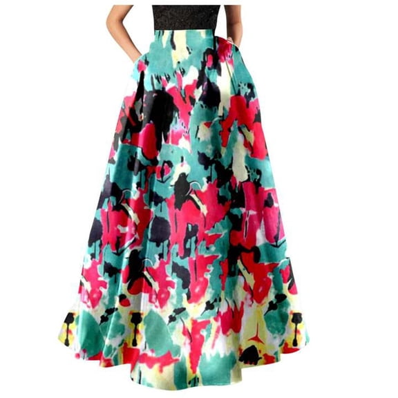 Summer Maxi Skirts for Women 2026 Elegant Floral Maxi Skirt with Pockets Swing Pleated Party Skirts for Women