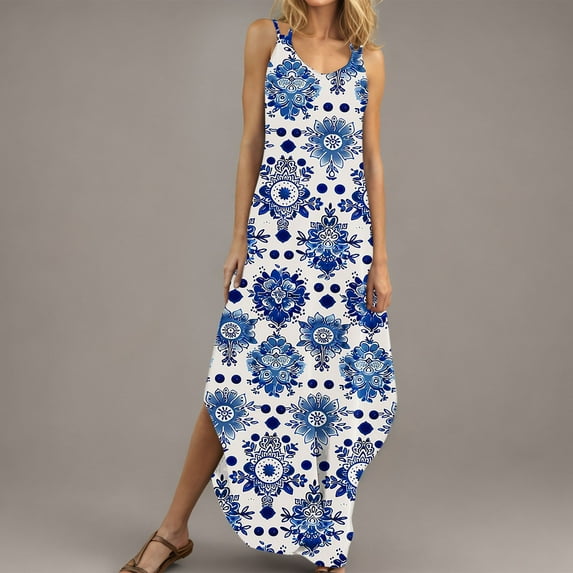 Summer Maxi Sundresses for Women Girls Strappy V-Neck Maxi Dress Floral Print Long Dress Vacation Beach Dress Plus Size S-XXL Great Gift for Mother's Day