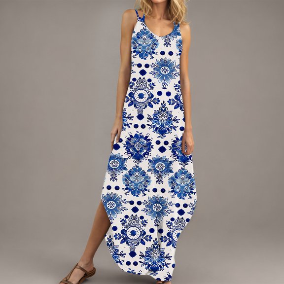 Summer Maxi Sundresses for Women Girls Strappy V-Neck Maxi Dress Floral Print Long Dress Vacation Beach Dress Plus Size S-XXL Great Gift for Mother's Day
