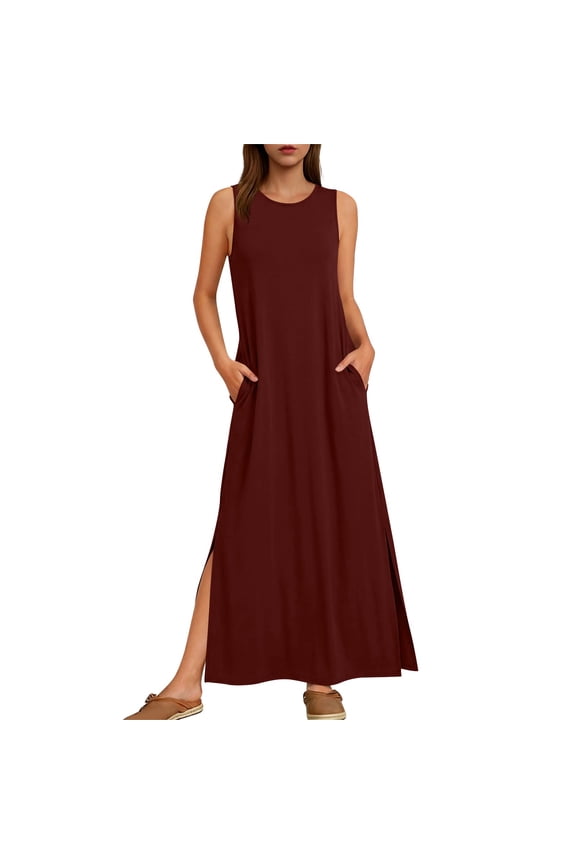 Summer Maxi Sundresses Womens Sleeveless Casual Split Loose Trendy Tank Shirt Long Dress Beach Vacation Clothes, Red M