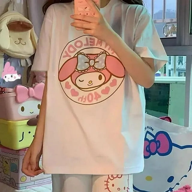 Summer Melody Print Kawaii Cute Girl Pink Short Sleeve T-shirt Loose ...