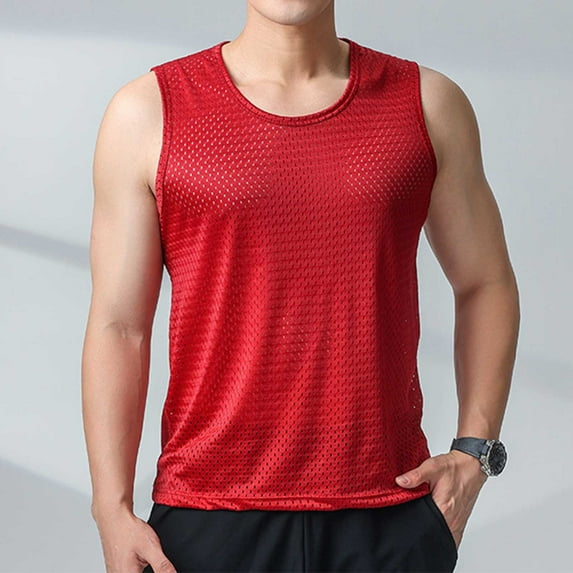 Summer Men Big And Tall Tank Top Plus Size Sleeveless Solid Color Casual Athletic Workout Top Size XXL Wine Color Round Neck Pullover Sport Gym Shirts
