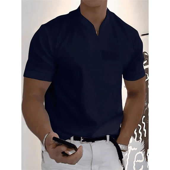 Summer Men Business Causal T-shirt Beach Fashion Thin Stand Collar Solid Tee V-neck Breathable Fitness Korean Streetwear Tops