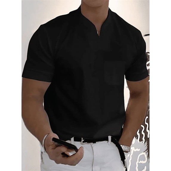 Summer Men Business Causal T-shirt Beach Fashion Thin Stand Collar Solid Tee V-neck Breathable Fitness Korean Streetwear Tops