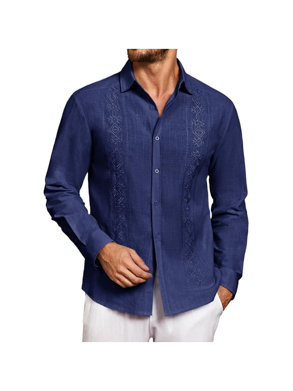 Summer Men Casual Cotton and Linen Button Up Shirt Cuban Guayabera Shirt Long Sleeved Beach Top