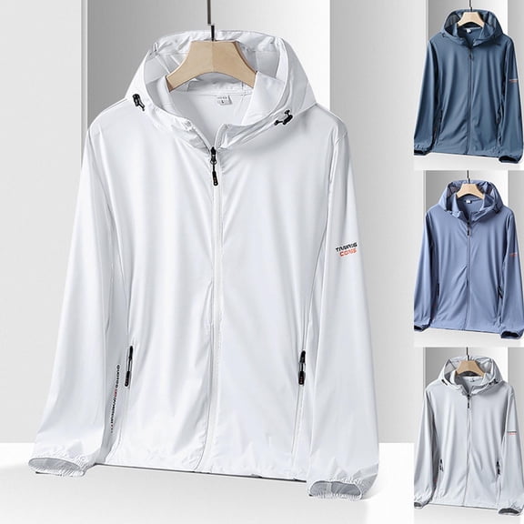 Summer Men Hoodies Solid Color Outdoor Pocket Zipper Long Sleeved Running and Fitness Sunscreen Outwear Plus Size Up to 65% off!
