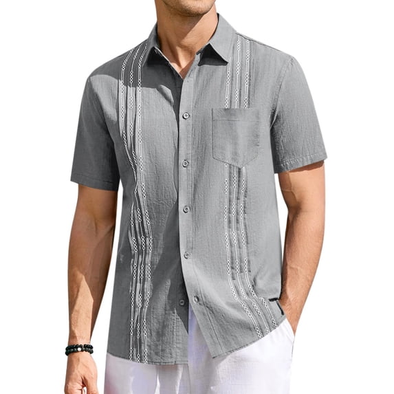 Summer Men Shirt Guayabera Short Sleeved Button Up Beach Shirt
