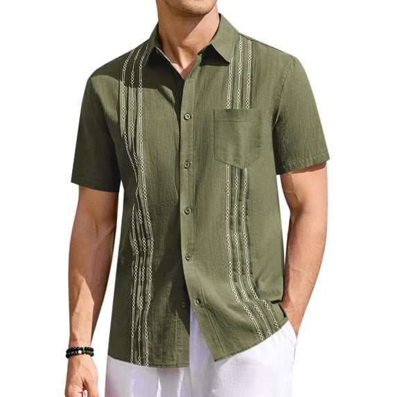 Summer Men Shirt Guayabera Short Sleeved Button Up Beach Shirt