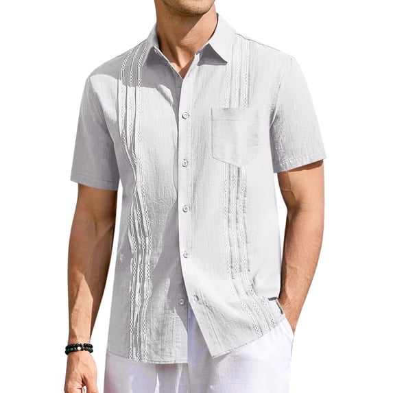 Summer Men Shirt Guayabera Short Sleeved Button Up Beach Shirt