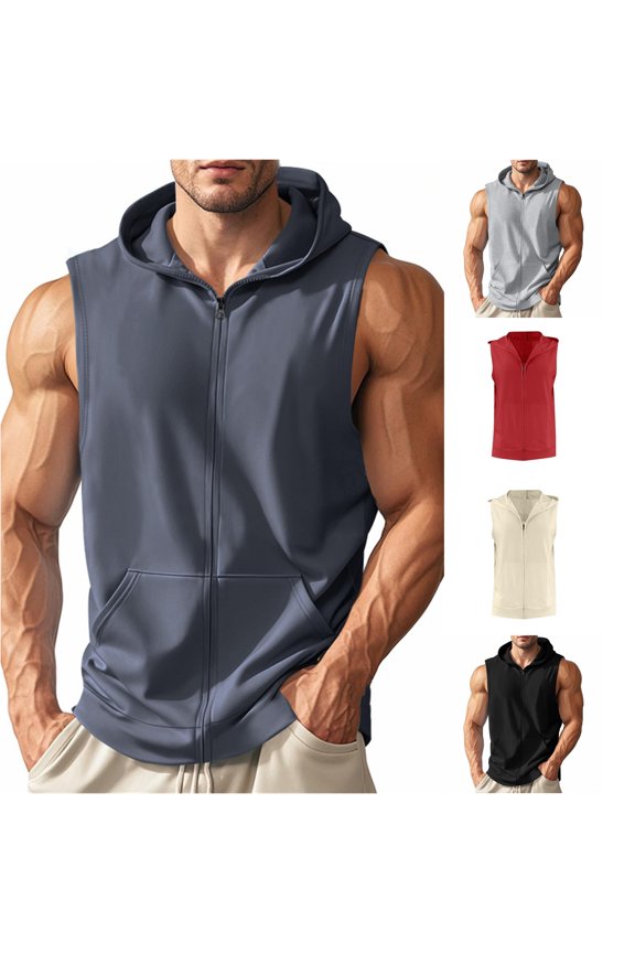 Summer Men Sports Fitness Training Zipper Opening Hooded Sleeveless Loose Breathable Back Shirt Mens Sleeveless Tee Shirts