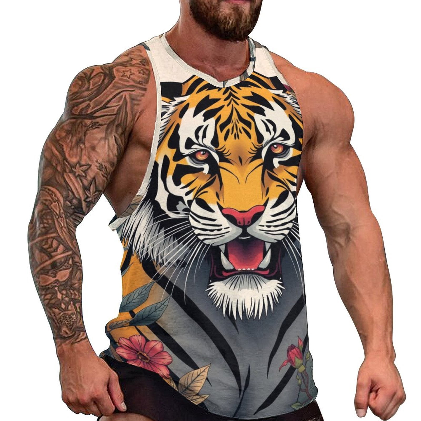 Summer Men Tank Top Fierce Tiger Jungle Floral Artwork Workout ...
