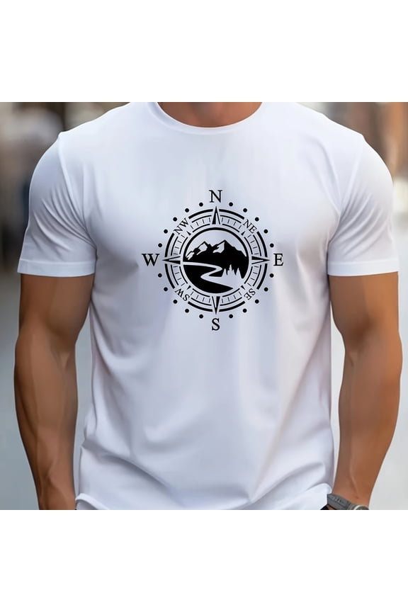 Summer Men's 100% Cotton Casual Loose Large Compass Pattern Printed Sports Comfortable Round Neck Short Sleeve T-shirt Top