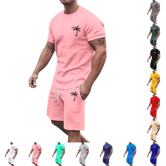 Summer Men's 2-Piece Set, Short Sleeve Tee and Shorts, Sports and Leisure Trendy Outfit For Spring Summer Vacation and Casual Wear,Purple,L