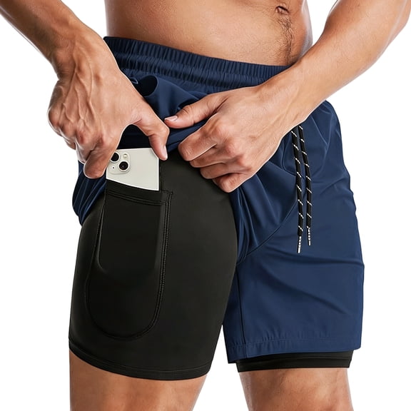 Men's 2-in-1 Swim Trunks Summer Beach Shorts with Compression Liner, Quick Dry Lightweight, Secure Phone Pocket, Elastic Waist Drawstring, Navy Blue, S/M/L/XL/2XL