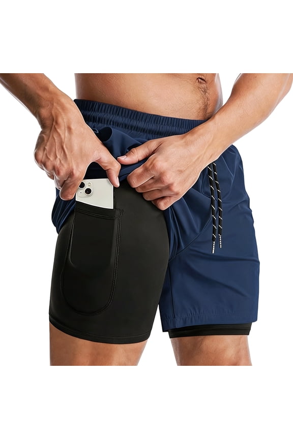 Summer Men's 2-in-1 Swim Trunks with Compression Liner, Quick Dry Lightweight Beach Shorts, Secure Phone Pocket, Elastic Waist Drawstring, Navy Blue